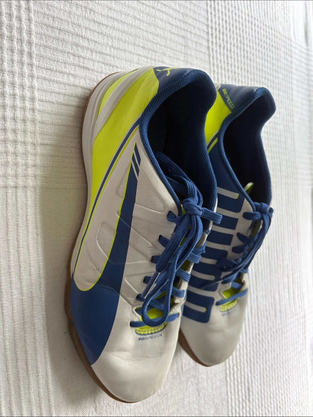 Puma White & Blue Indoor Soccer Shoes with Neon Lime Accents